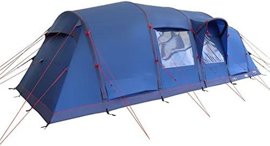 Berghaus Air 800 Nightfall Tent 8 Man with Darkened Bedrooms, Living Area, 8 Man, Inflatable, Easy to Pitch, Tunnel, Sewn In Groundsheet, Large and Spacious, Family Camping, Festivals, 6000 HH, Blue