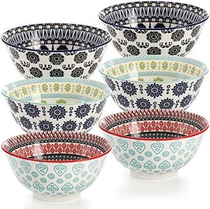 Cedilis 6 Pack Porcelain Cereal Bowls, 24 Ounce Colorful Soup Bowls, Large Ceramic Serving Bowl for Kitchen, Pasta, Salad, Ice Cream, Rice and Oatmeal, Dishwasher and Microwave Safe