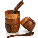 Lyellfe Set of 4 Acacia Wooden Bowl, 4 Oz Dipping Sauce Bowl with Spoon, 3 Inch Small Charcuterie Dish, Soup Water Cup for Condiments, Jam, Nuts, Appetizer, Snack, Yogurt