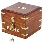 Ajuny Wooden Money Bank, Handcrafted Wood Square Shape Decorative Coin Piggy Bank with Lock and Key Money Saver Storage Safe and Secure Box for Adults and Kids Birthday Gift Decor