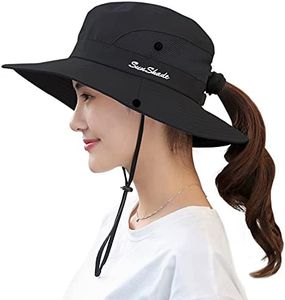 Women's Sun Hat Outdoor UV Protection Foldable Mesh Bucket Hat Wide Brim Summer Beach Fishing Cap Pure Black