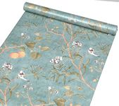 GLOW4U Vintage Botanical Birds Peel and Stick Wallpaper Vinyl for Walls Kitchen Bathroom Bedroom Cabinets Decor Self Adhesive Contact Paper Shelf Drawer 17.7X117 Inches, Blue