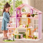 Tiny Land Wooden Doll House, Modern Family Dollhouse with Realistic Design