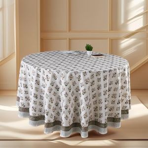 CPC Round Tablecloth- Cotton Indian Block Print Tablecloth -Handmade Printed Washable Cotton Table Cloth - Spring/Summer, Weding Table Cover - Fall Green 132 Inch