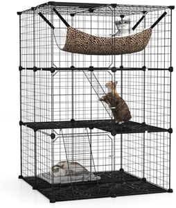 Maxmass Large Cat Cage, Indoor DIY Cat Enclosure with Hammock, Ladders, Doors, Sky Window, Detachable Metal Wire Cat House Pet Shelter Crate Pet Kennel for Small Animal (3-Tier: 74x74x107cm)