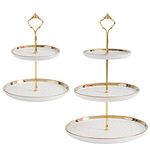 Tosnail Set of 2 Porcelain Cupcake Stand Ceramic Dessert Stand Tiered Serving Trays with Gold Rod, 3 Tiers and 2 Tiers Cake Stand Party Serving Trays Fruit Pastry Holders for Wedding and Party