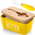 Ceramic Butter Dish with Lid and Knife Porcelain Butter Container with Butter Cutter Butter Knife Easy Spread Kitchen Accessories Tableware (Yellow)