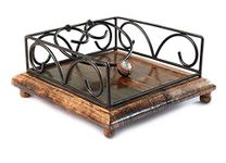 FABULO Wrought Iron and Wooden Napkin Holder for Dining Table, Kitchen - Tissue Paper Stand for Restaurant, Bathroom - Handmade Iron Tissue Box, Brown