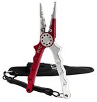 BITE Fishing Tackle Professional Fishing Pliers Saltwater/Freshwater Fishing Line Cutters Hook Remover with Sheath and Lanyard RED Silver