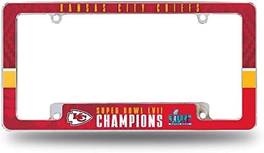 Rico Industries NFL Kansas City Chiefs 2023 Super Bowl Champions All Over Chrome Frame 12" x 6" Chrome All Over Automotive License Plate Frame for Car/Truck/SUV,White