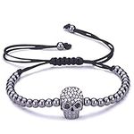 Infinite U Fashion Punk Skull Womens Charm Bracelet Beads Balls Braided Cotton Rope Alloy Cubic Zirconia Adjustable Wristband Bangle, Black