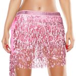 Lusofie Pink Tassel Skirt Belly Dance Hip Scarf Skirt Sparkle Sequins Skirt Fringe Rave Skirt Belly Dance Outfit for Women Girls Halloween(Tie-up Around Waist, M)