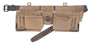 Graintex DS2038 12 Pocket Professional Work Apron Beige Color Suede Leather with 2” Leather Belt, 2 Hammer Holders for Constructors, Electricians, Plumbers, Handymen