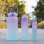 JUGTE Plastic Motivational Water Bottle With Time & Capacity Marker Leakproof Unbreakable Water Bottle For Gym Office Set Of 3 Daily Tracking Time Marks (Purple), 2 Liters