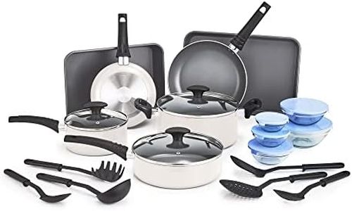 bella Nonstick Cookware Set with Glass Lids - Aluminum Bakeware, Pots and Pans, Storage Bowls & Utensils, Compatible with All Stovetops, 21 Piece, White