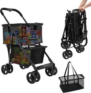 Folding Shopping Cart, Newly Upgraded 80 lbs Foldable Grocery Cart, Portable Multifunctional Cart with Removable Tote Bag, Large Storage Space, with 360° Wheels and One-Step Parking Brake, Black