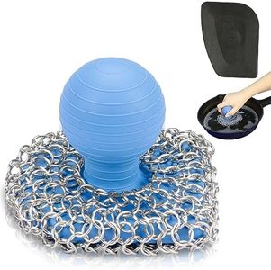 Cast Iron Scrubber with Pan Scraper, 316 Chainmail Scrubber, Upgraded Chain Mail Scrubber Sponge, Cast Iron Cleaner for Grill Pan Skillet Wok Carbon Steel, Dutch Oven Metal Brush Cleaning Kit, Blue