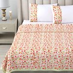 LINENWALAS Pure Cotton Dohar with Pillowcase Single Bed Size | AC Blanket Comforter | Soft Light-Weight Breathable Bed Blanket (60x90 Inches, Orange Green Blossom)