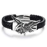 COOLSTEELANDBEYOND Rock Punk Steel Flying Eagle ID Identify Bangle Bracelet Black Braided Leather Wristband for Men(CA)