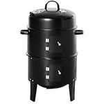 Outsunny Vertical Charcoal BBQ Smoker, 3-in-1 16" Round Barbecue Grill with 2 Cooking Area and Thermometer for Outdoor Camping Picnic Cooking, Black