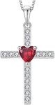 Vesitim 925 Sterling Silver Cross Pendant Necklace for Women Diamond Heart Shaped Birthstone Cross Necklace Vintage Jewelry Gifts, Sterling Silver, Created Ruby