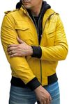 Jild Hoodie 2.0 Leather Jacket Men - Lambskin Leather Bomber Jacket with Removable Hood & Sleeves - Genuine Leather Mens Vest (Pub.M-Ylw-XS)