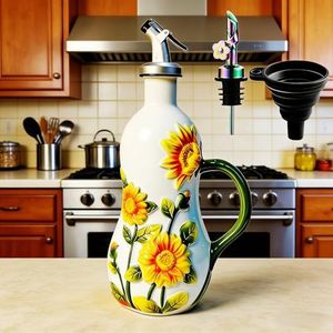 18 oz Hand-Painted Ceramic Relief Olive Oil Bottle Dispenser, with Handle Decorative Olive Oil Dispenser Bottle, Kitchen Ceramic Oil Vinegar Bottle Seasoning Bottle with Stainless Steel Spout & Funnel