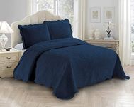 Fancy Linen 3pc Embossed Coverlet Bedspread Set Oversized Bed Cover Solid Floral Daisy Pattern New # Allis (King/California King, Navy Blue)