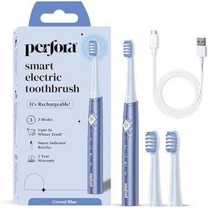 Perfora Rechargeable Electric Toothbrush|3 Brush Heads|30000 Vibrations|Smart Indicative Bristles|3 Modes|2 Year Warranty|Electric Brush,Electric Toothbrush For Men,Women & Kids|Crystal Blue-Pack Of 1