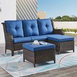 HUMMUH 3 Piece Patio Furniture Set All Weather Wicker Outdoor Sectional Sofa Manual Weaving Rattan High Curved Back Patio Couch with Ottomans