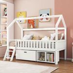 Wooden House Bed with Storage Compartments and Large Drawer, Solid Pine Wood Cabin Bed Frame, 3ft Single Tree House Canopy Bed Children's Storage Bed With Ladder and Guard Rail, 190x90 cm, White