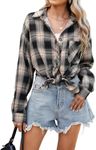 Lacozy Women's Button Down Flannel Shirts Plaid Shacket Long Sleeve Collared Casual Work Tops Blouse Khaki Black XXL