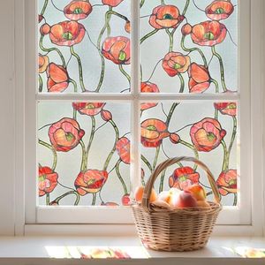 3D Stained Glass Window Film, Decorative Window Privacy Film for Bathroom,Front Door,Home, Sun Blocking Heat Control,Static Cling, Corn Poppy 17.3inch x 47.2inch