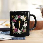 Gift Arcadia Golden Floral Alphabet Letter J Printed Coffee Mug Gift for Girl, boy,Wife,Husband,Girlfriend Boyfriend,Kids,Brother,Sister,Love and Valentines Day - 1pcs, Black, 330ml (ALB-J)