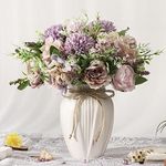 JARELING Peonies Artificial Flowers in Vase, Fake Hydrangea Silk Peony Flower Bouquet with Vase Faux Flowers Arrangement Decor Home Table Dining Room (Purple)