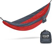 ENO Singlenest Hammock Red Charcoal Soft Breathable Fabric 70 Denier High Tenacity Nylon Taffeta Heavy Duty Triple Stitched Fast Dry Compression Stuffsack Aluminium Wiregate Carabiners Weight 454 g