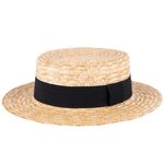 ZAKIRA Classic Straw Boater Hat Handmade from Natural Straw (Black Band, L)