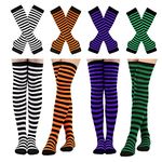 Barrlves 4 Sets Womens Striped Knee High Socks Long Knit Arm Warmers Fingerless Gloves for Halloween Costume, 4sets Striped Black+orange+purple+green, One Size