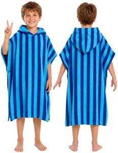 Alix & Belle Kids Hooded Towel Poncho, 100% Cotton Soft Absorbent Changing Robe for Boys & Girls, Swim Cover Up for Beach & Pool 8-14 Years Blue Stripes