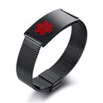 VNOX Personalized Medical ID Bracelet, Free Engraving Medical Alert Bracelets for Men Women, Stainless Steel Black Mesh Band Adjustable Customized Emergency Identification Wristband