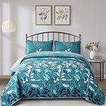 WONGS BEDDING Quilt Set Queen Size,3 Pieces Teal Floral Botanical Leaves Bedspread Coverlet Set with 2 Pillowcases for All Season, Soft Microfiber Floral Bedding Set 96"×90"