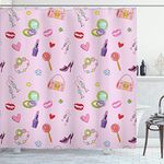 Ambesonne Princess Shower Curtain, Girls Illustration with Fashion Accessories and Makeup Lollipop Flower Print, Cloth Fabric Bathroom Decor Set with Hooks, 84" Long Extra, Pink Purple