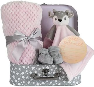 Baby Girl Gift Set New Born Baby Gift Baby Deer Fawn Security Blanket Soft Fleece, Suitcase Keepsake Box Blanket Booties & Baby Gift Basket – Unique Present for Baby Shower & Newborn Lovey