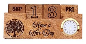 Perpetual Calendar with Clock Wooden Desk Beautiful Decor Produced from Mango Hardwood size 6x2x.2.75 inches Wood by Timer Revival Co.®