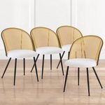 Bekrvio Rattan Dining Chairs Set of 4, Mid-Century Modern Kitchen Dining Room Chairs with Full Cane Backrest Armless Upholstered Farmhouse Boucle Dining Chairs with Metal Leqs for Dining Room, White