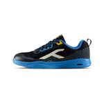 Hundred Court Flyer Non-Marking Badminton Shoes | All Indoor Sports | Lightweight, Breathable & Durable | X-Cushion | Active Grip Sole (Black/Blue/Yellow ; UK 10)
