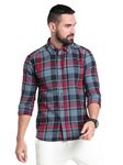 GLORYBOYZ Check Shirt for Men Full Sleeves Formal Check Shirts Slim Fit Spread Collar Stylish Big Checks Shirts for Men Office Wear Plaid Checkered Shirt Casual Office Wear (Blue Red M)