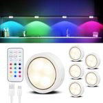 Rechargeable Battery Operated RGB Puck Lights with Remote,6 Pack Dimmable Wireless Led Under Cabinet Kitchen Lights ,Wardrobe,Display,Closet,shelf,Cupboard Push lights,Magnetic Lamp Stick on Wall