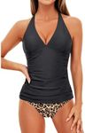 Holipick Two Piece Tankini Bathing Suits for Women Tummy Control Swimsuits Sexy V Neck Halter Tankini Top with Bikini Bottom, Black Leopard, Medium