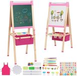 Wooden Art Easel for Kids with Paper Roll,Storage,Double Sided Height Adjustable Whiteboard & Blackboard,Children Drawing Board,Toddler Painting Set,Christmas Gifts for Girls Boys(Pink)